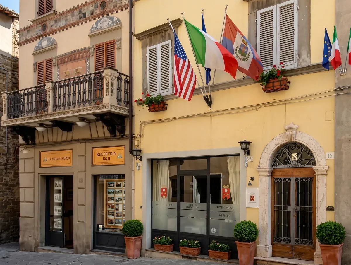 La facciata del B&B su Corso Sangallo, con le bandiere e i vasi all'ingresso